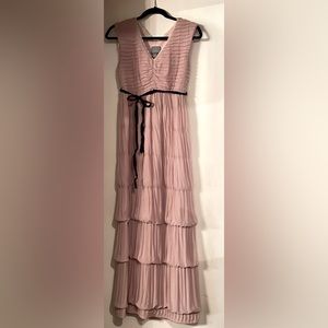 Long Blush pink bubble dress with tie at the waist.